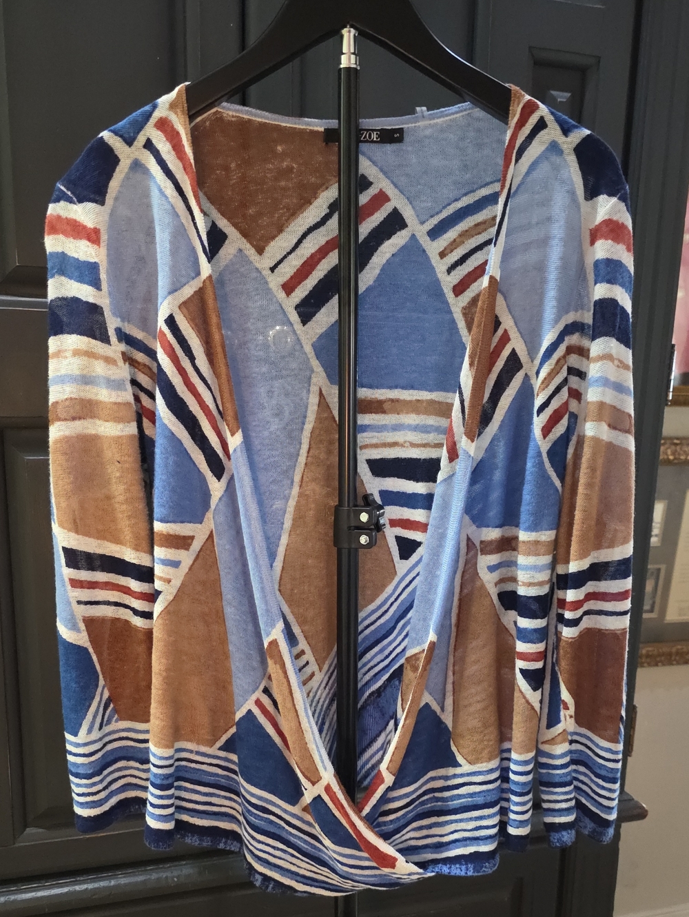 Nic + Zoe Blue Brown Seaglass Geometric 4 Way Cardigan Size S Linen Blend